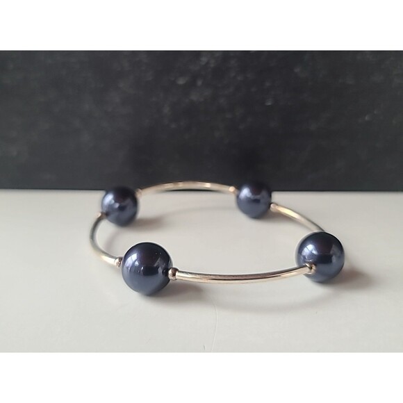 925 Sterling Silver Faux Blue Pearl Beaded Bangle Bracelet Vintage - Picture 6 of 10